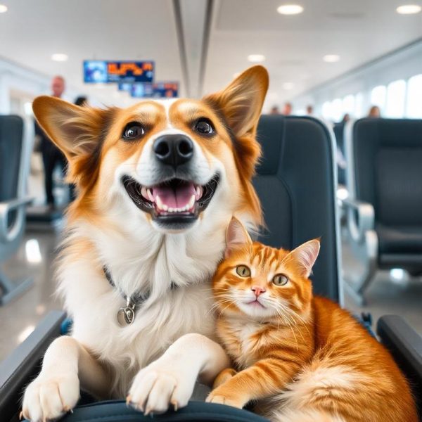Dog and cat resting together at an airport terminal during pet transportation in Ottawa, Ontario