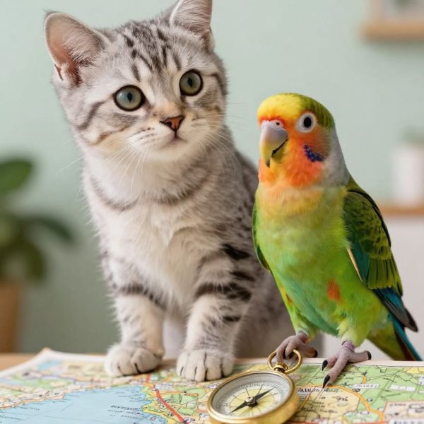 Cat and parrot shown during travel planning for a coordinated pet relocation from Quebec City, QC