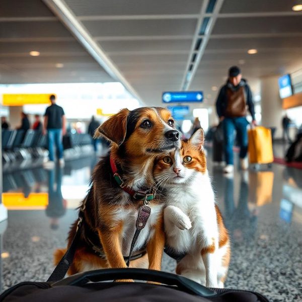 Dog and cat traveling together at an airport during professional pet transportation from Regina, Saskatchewan