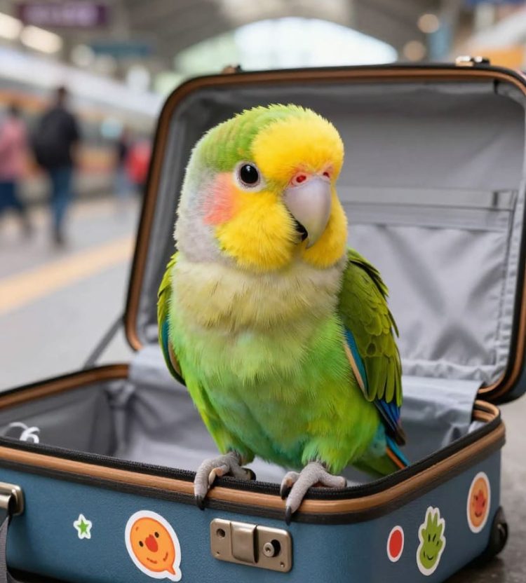 Parrot prepared for professional bird transportation from Saskatoon, Saskatchewan