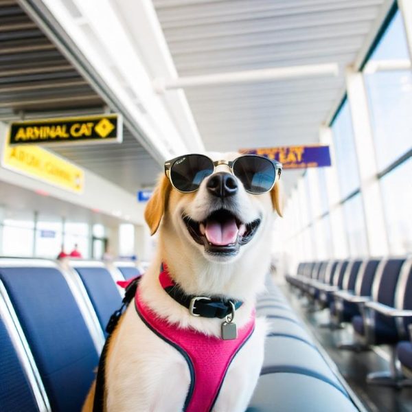 Dog waiting inside Vancouver airport terminal during a planned pet relocation from Vancouver, BC